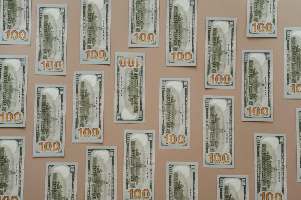 organized 100 dollar bills on a surface. 